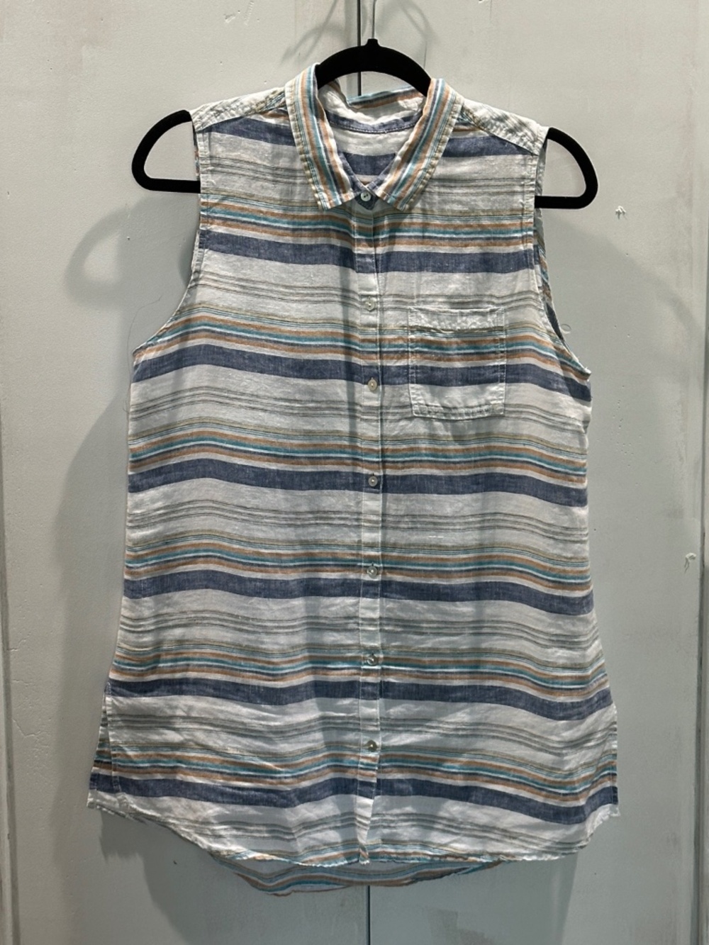 Women’s Striped Linen Sleeveless Button Front Tunic Top Blue Turquoise Rust